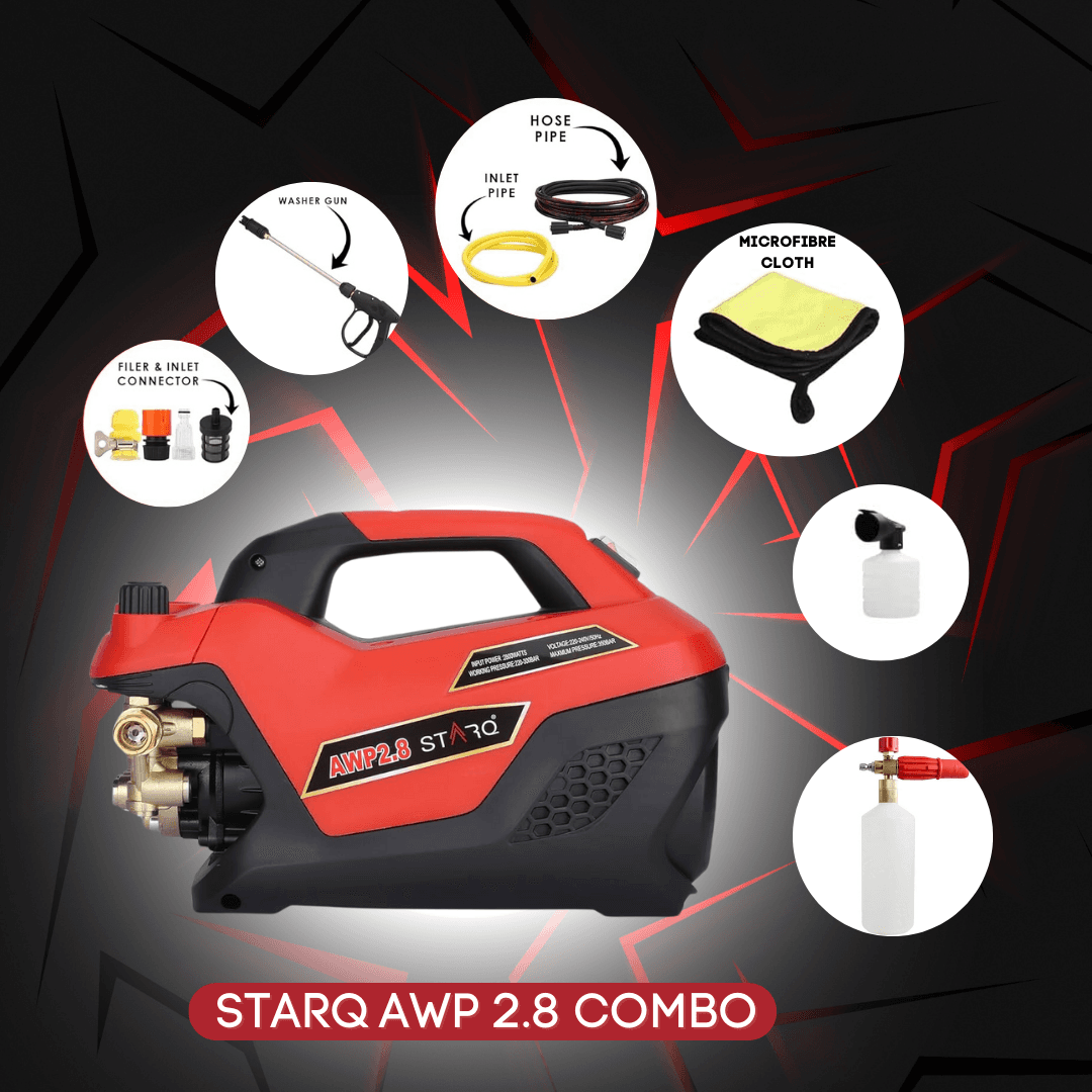 STARQ AWP 2.8 Combo High Pressure Car Washer | 2800W Motor, 350 Bar, 12L/Min Flow, 8M Hose Pipe | Professional 1L Foam Cannon Snow Lance (Red) with Pressure Control Knob 2