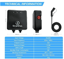 7.5kW EV Charger, Smart App, 32A, 1 Phase, 5M TPU Cable, Adjustable Amp, Indicator Light, WiFi BT, IP65, RCD A + 6ma DC, Emergency Earthing Off Option, 5 Years Warranty* (Black) 2