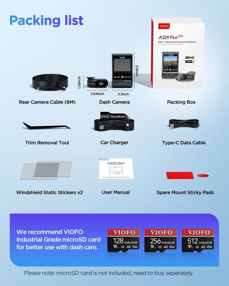 VIOFO A229 PLUS 2CH FRONT AND REAR 2K+2K HDR 5GHZ WI-FI GPS VOICE CONTROL DUAL DASH CAMERA WITH SONY STARVIS 2 SENSOR FRONT AND REAR 2