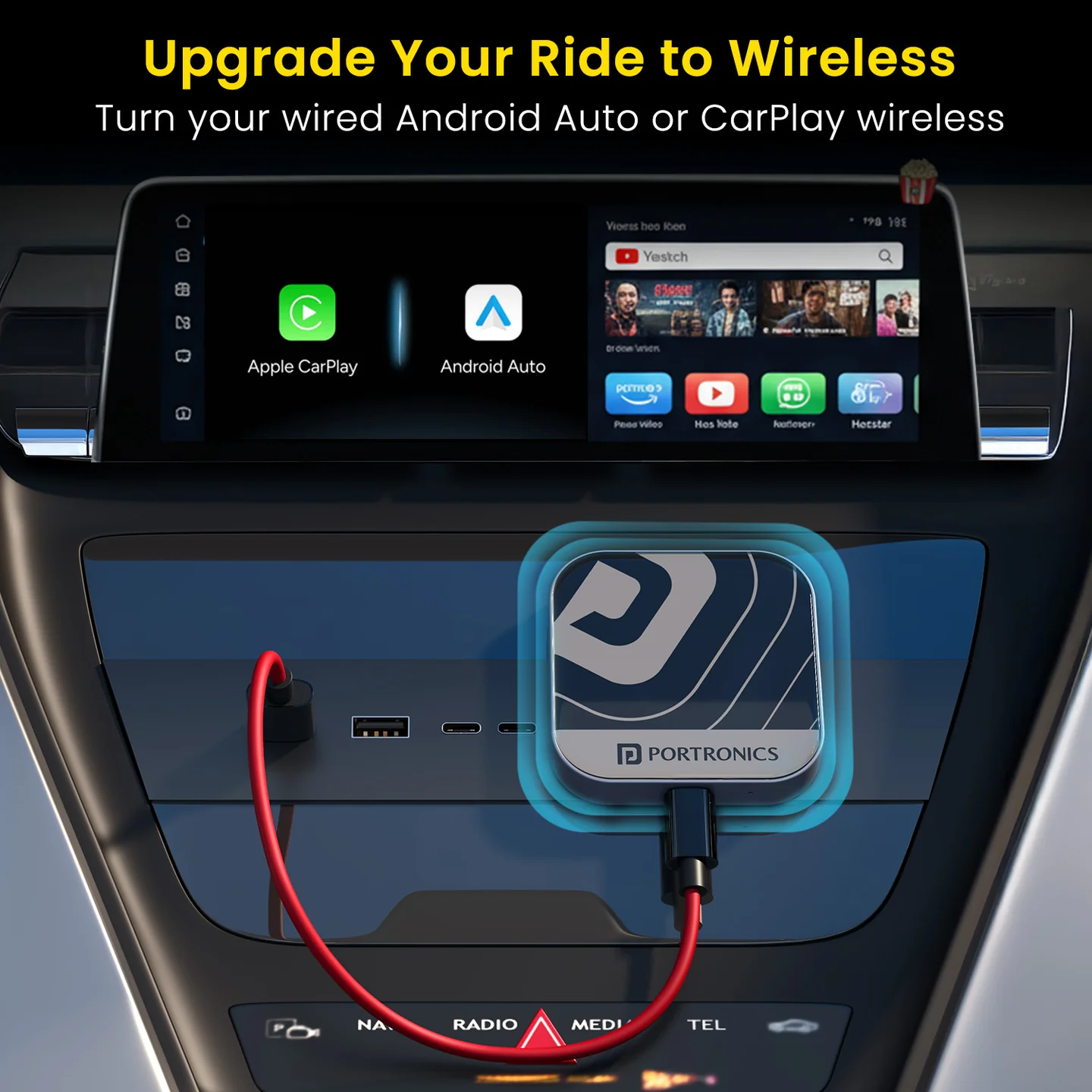 Tune Plus
CarPlay/Android Auto Adapter with Inbuilt YouTube & Netflix | Converts Wired to Wireless | USB A & Type-C Compatible | 3 GB RAM + 32 GB ROM 2