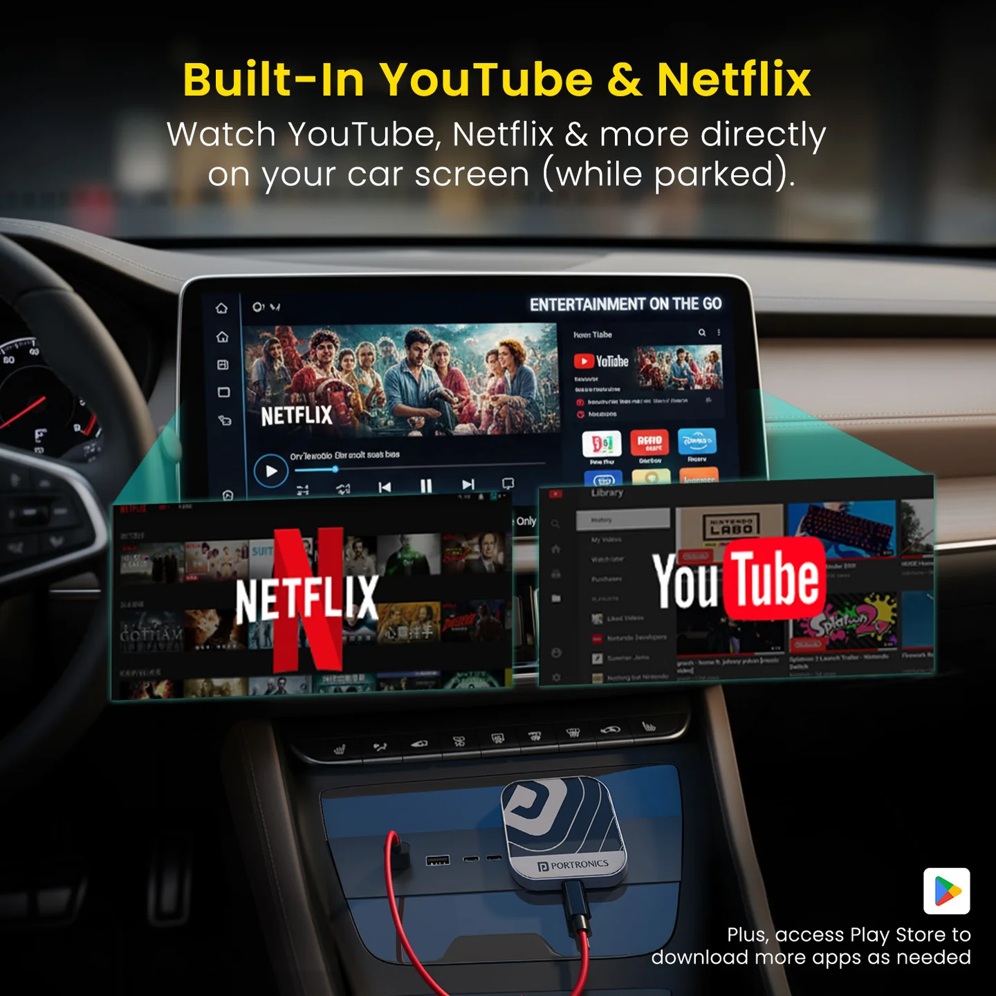 Tune Plus
CarPlay/Android Auto Adapter with Inbuilt YouTube & Netflix | Converts Wired to Wireless | USB A & Type-C Compatible | 3 GB RAM + 32 GB ROM 4