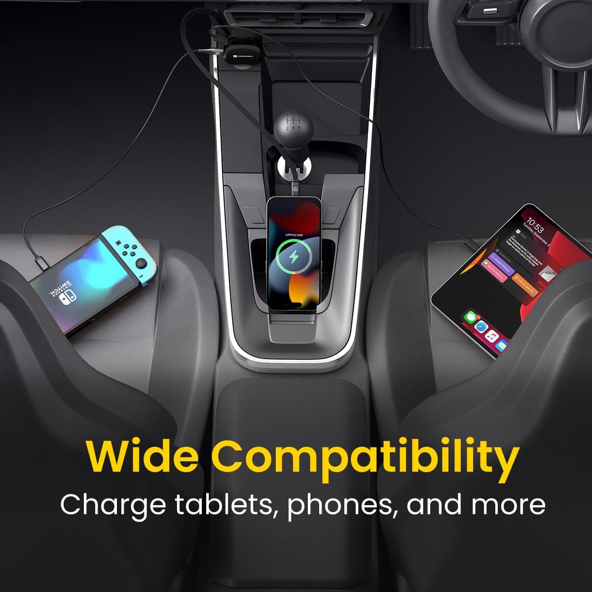 Portronics Car Power Flexo, 3-in-1 60W Car Charger, Retractable Cable (30W Type-C PD), Dual Port (18W USB Type-A,30W Type-C), for Power Bank, Phones, Tablets, Earbuds (Black) 5