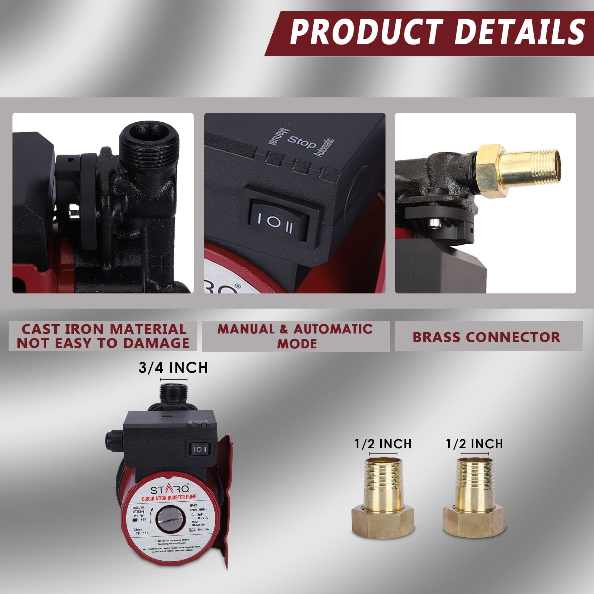 STARQ ST165-9 Inline Automatic Water Pressure Pump With Wall Mounting Bracket (RED) 5