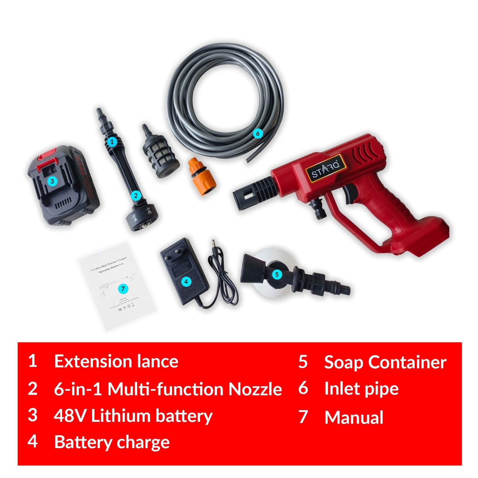 STARQ Turbowash Cordless Portable 48V Wireless Pressure Washer Gun - 12000mAh High Pressure Water Gun for Car and Bike Wash, Adjustable 6 in 1 Nozzle, 5M Hose Pipe, (Double Battery with Charger) 5