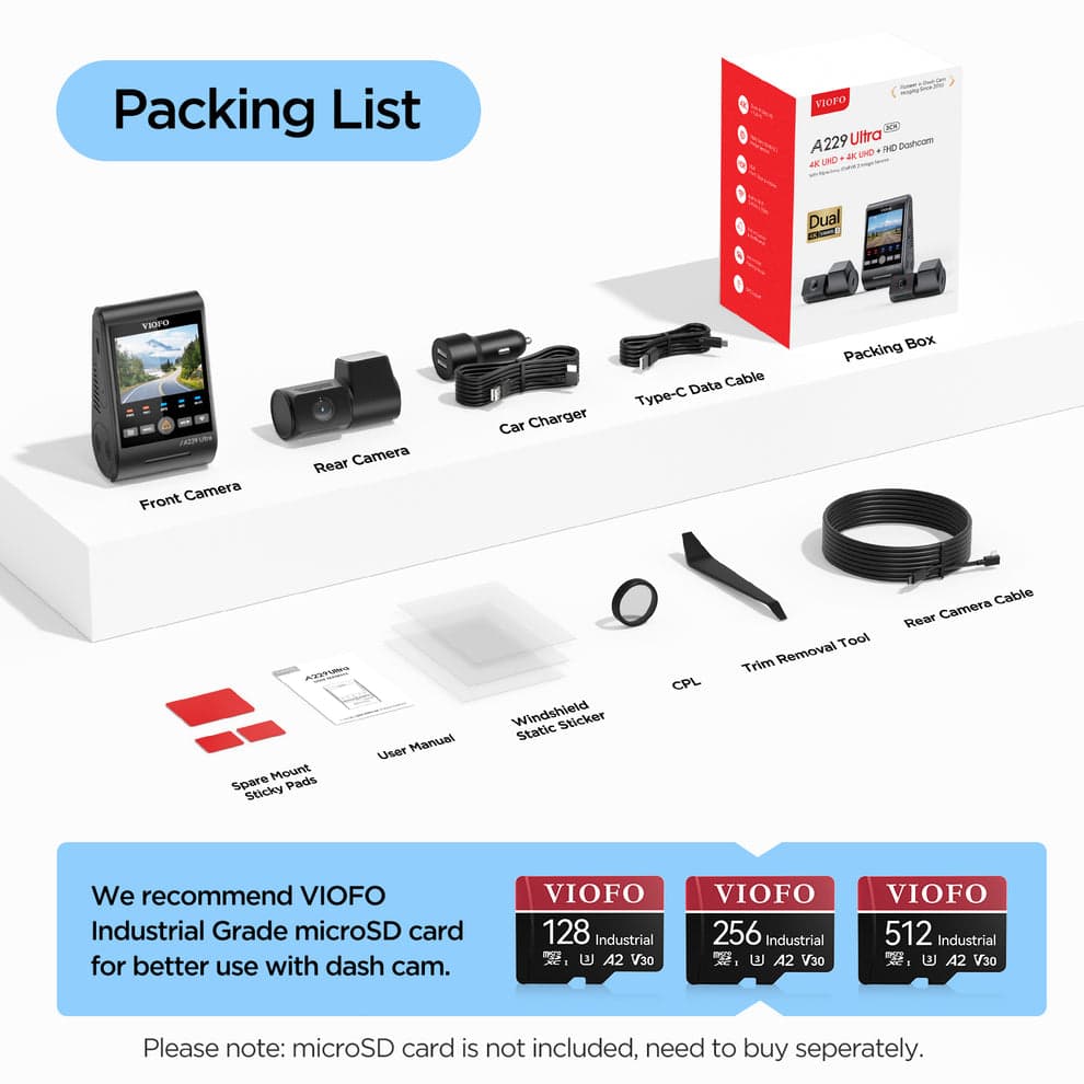 VIOFO A229 Ultra 2CH 4K Front+4K Rear Dashcam with Dual Sony STARVIS 2 Sensors, 2-Channel 4K HDR, Ultra Fast 5GHz Wi-Fi & Precise GPS, Smart Voice Control 4